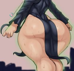 1girl artist_name ass ass_focus aura black_dress dress from_behind highres huge_ass long_sleeves neo_hajime no_panties one-punch_man solo sweat tatsumaki thick_thighs thighs wide_hips rating:Questionable score:264 user:JustHere4Butts