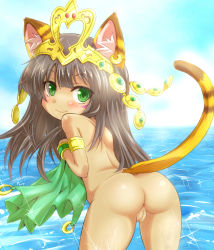 1girl animal_ear_fluff animal_ears anus ass bastet_(p&amp;d) blush bracelet brown_hair cat_ears covering_privates covering_breasts dark-skinned_female dark_skin from_behind green_eyes jewelry leaning_forward loli long_hair looking_back momomo_udameda nude pussy puzzle_&amp;_dragons smile solo tail tiara water rating:Explicit score:80 user:danbooru