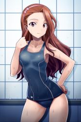 1girl breasts brown_eyes brown_hair cowboy_shot hairband idolmaster idolmaster_(classic) long_hair minase_iori muhi11234 one-piece_swimsuit school_swimsuit small_breasts solo swimsuit wet 