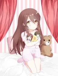  1girl absurdres alstroemeria_(idolmaster) bed_sheet blue_bow blush bow braid brown_eyes brown_hair character_doll character_request closed_mouth collarbone comma curtains full_body hair_between_eyes hair_bow highres idolmaster idolmaster_shiny_colors jacket long_hair loungewear no_shoes hugging_object osaki_amana osaki_tenka p-head_producer pillow pink_jacket pink_shorts pink_socks producer_(idolmaster) roido_(taniko-t-1218) short_shorts short_sleeves shorts sitting socks solo striped striped_background stuffed_animal stuffed_toy teddy_bear vertical_stripes very_long_hair wariza 