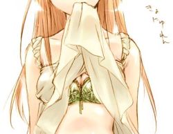  00s bleach bra clothes_lift inoue_orihime kanae_funwa lingerie long_hair lowres mouth_hold orange_hair red_hair shirt_lift solo underwear  rating:Questionable score:15 user:danbooru