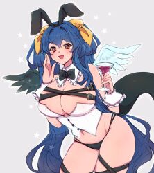  1girl asymmetrical_wings blue_hair breasts chemaru_(a8l) cleavage cowboy_shot cup detached_collar dizzy_(guilty_gear) guilty_gear highres holding holding_cup large_breasts leotard looking_at_viewer open_mouth playboy_bunny red_eyes smile solo twintails wings 