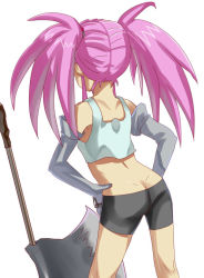  00s 1girl axe bad_id bad_pixiv_id butt_crack gloves hand_on_own_hip hip_focus loli long_hair pink_hair presea_combatir remcherub shorts solo tales_of_(series) tales_of_symphonia tank_top twintails weapon white_background 
