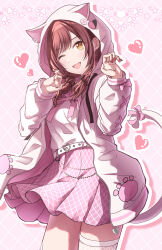  1girl ;d absurdres animal_ears animal_hood belt blush braid cat_ears cat_hood citrusmikan highres hood hood_up hoodie idolmaster idolmaster_shiny_colors long_hair long_sleeves looking_at_viewer nail_polish official_alternate_costume official_alternate_hairstyle one_eye_closed open_mouth osaki_amana pin pink_skirt pleated_skirt red_hair skirt smile solo standing swept_bangs twin_braids white_belt white_hoodie yellow_eyes 