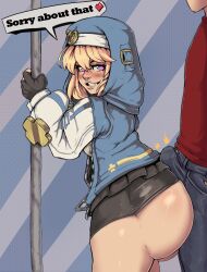  2boy 2boys absurdres alternate_ass_size alternate_breast_size androgynous arc_system_works ass blonde_hair blue_eyes blush breasts bridget_(guilty_gear) bulge buttjob buttjob_over_clothes commission english_text erection erection_under_clothes gloves grinding guilty_gear guilty_gear_strive heart heart-shaped_pupils highres hood hoodie huge_ass multiple_boys reliusmax seductive_smile shorts skirt smile standing symbol-shaped_pupils thick_thighs thighs trap yaoi 