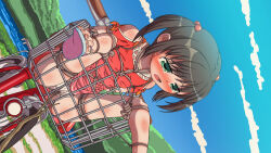  1girl arms_behind_back bdsm bicycle_basket black_hair bondage bound branch clothes_lift dress dress_lift female_focus green_eyes highres kogakunama loli motor_vehicle motorcycle open_mouth original outdoors panties poking_pussy red_dress restrained sandals shibari short_hair solo spread_legs tears toenails toes twintails underwear white_panties 