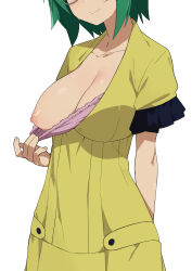 1girl bra bra_pull breasts closed_mouth clothes_pull collarbone commentary_request glasses green_hair highres infinite_stratos lap_pillow large_breasts morisobo nipples one_breast_out pink_bra pulling_own_clothes shirt short_hair short_sleeves simple_background solo sweat underwear white_background yamada_maya_(infinite_stratos) yellow_shirt