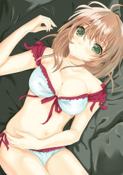 bed bra breasts brown_hair green_eyes large_breasts panties underwear  rating:Questionable score:1 user:EmikoKouji