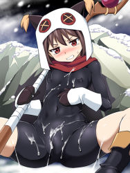  10s 1girl alternate_costume angry animal_hood blush bodysuit boots brown_hair cameltoe cleft_of_venus clenched_teeth covered_erect_nipples covered_navel cum cum_on_body cum_on_lower_body cum_on_upper_body female_focus flat_chest funnyari gloves hood impossible_clothes kono_subarashii_sekai_ni_shukufuku_wo! loli looking_at_viewer megumin mountain nipples no_panties pussy red_eyes see-through skin_tight snow solo spread_legs staff sweat tears teeth  rating:Explicit score:155 user:aerd