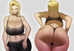  1girl absurdres android_18 ass blonde_hair blue_eyes bra breasts doublehero dragon_ball dragonball_z earrings highres huge_ass huge_breasts jewelry short_hair solo solo_focus thick_thighs thighs underwear 