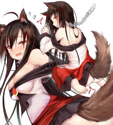 1girl ahoge animal_ears ass backboob bare_shoulders barefoot breast_suppress breasts breasts_squeezed_together brooch brown_eyes brown_hair cleavage clothes_pull collar downblouse dress_pull efe eyebrows fang highres imaizumi_kagerou jewelry large_breasts leash long_hair long_sleeves looking_at_viewer looking_back no_bra no_panties off_shoulder open_mouth seiza shirt sideboob simple_background sitting skirt solo sweat tail tears touhou very_long_hair white_background wide_sleeves wolf_ears wolf_tail rating:Sensitive score:37 user:danbooru