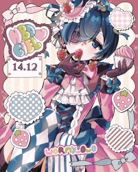  1boy absurdres birthday blue_eyes blue_hair bow ciel_phantomhive cupcake earrings eating fixed food food-themed_earrings food_themed_earrings frilled_hat frills fruit gloves happy_birthday hat heart highres holding holding_food holding_fruit jewelry kuroshitsuji male_focus patterned_clothing pink_theme short_hair solo strawberry strawberry_earrings trap wormy_owo 