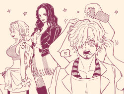  1boy 2girls ^_^ arm_tattoo blush cigarette closed_eyes commentary_request curly_eyebrows dress earrings extra_arms facial_hair goatee hair_over_one_eye hatch_(8cco) holding jacket jewelry log_pose long_hair looking_at_viewer monochrome multiple_girls mustache_stubble nami_(one_piece) nico_robin one_piece one_piece_film:_red pendant profile sanji_(one_piece) single_leg_pantyhose sitting smile sparkle striped_clothes striped_dress stubble sunglasses surprised tattoo vertical-striped_clothes vertical-striped_dress 