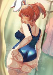 1girl abe_nana absurdres ass_grab blush breasts curtains curvy furrowed_brow gluteal_fold highres idolmaster idolmaster_cinderella_girls large_breasts looking_back one-piece_swimsuit open_mouth orange_hair ponytail rabbit_ears red_eyes school_swimsuit short_hair shoulder_blades skindentation sweat swimsuit thick_thighs thighhighs thighs wari_sando wavy_mouth rating:Explicit score:37 user:a-human