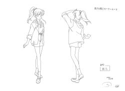  1990s_(style) 1girl bare_legs bishoujo_senshi_sailor_moon bishoujo_senshi_sailor_moon_s bow casual character_sheet closed_mouth full_body furuhata_unazuki hair_bow jacket long_hair looking_at_viewer monochrome official_art open_mouth retro_artstyle shorts skirt smile solo standing toei_animation white_background  rating:General score:2 user:popotepopote