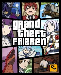  3boys 3girls =_= aura_(sousou_no_frieren) black_pantyhose boots box_art brown_footwear capelet carriage clearlyconfused commentary crying dragon english_commentary english_text fake_box_art fern_(sousou_no_frieren) frieren_stuck_in_a_mimic_(meme) grand_theft_auto highres himmel_(sousou_no_frieren) holding holding_staff long_hair looking_at_viewer mage_staff meme mimic mimic_chest multiple_boys multiple_girls one_eye_closed pantyhose pout purple_eyes purple_hair sein_(sousou_no_frieren) sharp_teeth shirt sousou_no_frieren sparkle staff stark_(sousou_no_frieren) striped_clothes striped_shirt teeth treasure_chest upper_body weighing_scale white_capelet 