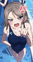  1girl angry blue_hair blush brown_hair competition_swimsuit highres looking_at_viewer love_live! love_live!_sunshine!! n_aaa01 one-piece_swimsuit pointing pool poolside short_hair solo swimsuit watanabe_you water wavy_hair 