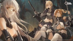  3girls alternate_breast_size architecture azur_lane bare_shoulders black_dress black_veil blonde_hair blue_capelet blue_eyes blue_skirt braid breasts capelet chinese_commentary cleavage collar commentary_request crop_top dress elbow_gloves fingerless_gloves french_braid gloves gothic_architecture grin high_collar highres holding holding_sword holding_weapon huge_weapon large_breasts long_sleeves looking_at_viewer medium_breasts metal_collar midriff miniskirt mkiiiiii multiple_girls official_art orange_hair parted_lips queen_elizabeth_(azur_lane) queen_elizabeth_(meta)_(azur_lane) red_eyes renown_(azur_lane) renown_(meta)_(azur_lane) repulse_(azur_lane) repulse_(meta)_(azur_lane) shirt sitting skirt sleeveless sleeveless_dress smile sword thighhighs underboob veil weapon white_gloves white_hair white_shirt white_thighhighs zettai_ryouiki 