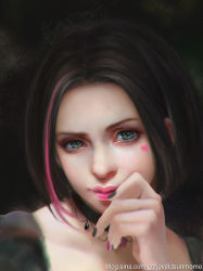  1girl angry black_hair choker green_eyes hand_to_own_mouth lips lipstick looking_at_viewer makeup multicolored_hair nail_polish pink_hair pink_lips portrait profile realistic short_hair solo sunmomo two-tone_hair  rating:Sensitive score:54 user:gelsake