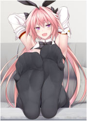 1boy arm_behind_head arm_up armpits astolfo_(fate) astolfo_(saber)_(fate) bare_shoulders blush breasts collar fate/apocrypha fate/grand_order fate_(series) feet feet_together foot_focus highres legs_up male_focus no_shoes pantyhose pov puffy_nipples ruton-niki sitting smile soles solo spread_toes thighhighs toes trap rating:Questionable score:90 user:danbooru