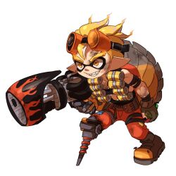  1boy blonde_hair commentary_request cosplay dirty dirty_face goggles goggles_on_head highres ikki_(gsl_9708) inkling inkling_boy inkling_player_character junkrat_(overwatch) junkrat_(overwatch)_(cosplay) korean_commentary looking_ahead male_focus mechanical_legs nintendo orange_pants pants range_blaster_(splatoon) short_hair simple_background single_mechanical_leg smile splatoon_(series) splatoon_3 teeth tentacle_hair white_background yellow_eyes 