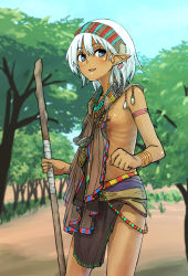 1girl armlet bare_shoulders blue_eyes blue_sky blush bracelet breasts clenched_hand collarbone dark-skinned_female dark_skin day earclip female_focus grass hairband hands_up happy highres holding holding_staff jewelry loincloth looking_at_viewer nipple_slip nipples open_mouth original outdoors pirafumodoki pointy_ears ribs shiny_skin short_hair sky small_breasts smile solo staff standing stick tree tribal white_hair rating:Questionable score:52 user:AngryZapdos