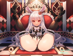 1girl 2018 animal_ears anus artist_name ass bad_id bad_pixiv_id bare_shoulders black_dress black_gloves black_panties black_thighhighs breasts cameltoe censored chain chair clothing_aside cuffs dated dress elin flower gloves grin hair_flower hair_ornament high_heels kneepits leaning_back legs legs_up long_hair mary_janes no_panties panties panties_aside presenting pussy rabbit_ears red_eyes rikume see-through shoes silver_hair sitting small_breasts smile solo spread_legs spread_pussy strapless strapless_dress tera_online thighhighs underwear rating:Explicit score:141 user:danbooru