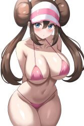  1girl absurdres alternate_breast_size arms_behind_back bare_shoulders bikini blue_eyes blush breasts brown_hair cleavage collarbone commentary cowboy_shot creatures_(company) curvy double_bun game_freak groin hair_between_eyes hair_bun highres jasony large_breasts leaning_forward long_hair looking_at_viewer micro_bikini navel nintendo paid_reward_available parted_lips pink_bikini pokemon pokemon_bw2 rosa_(pokemon) simple_background smile solo standing string_bikini swimsuit thick_thighs thighs twintails underboob v visor_cap  rating:Sensitive score:113 user:danbooru