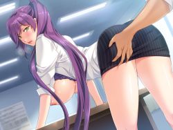  1girl blush bra breasts breasts_out classroom hanging_breasts huge_breasts leaning_forward long_hair looking_at_viewer looking_back mochizuki_nozomu nipples ole-m ootori_nanao open_clothes purple_hair saimin_class_wonderful school standing teacher underwear very_long_hair yellow_eyes  rating:Questionable score:71 user:hypnolion