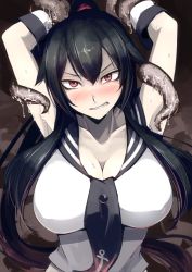 10s 1girl armpits arms_up black_hair breasts cleavage clenched_teeth gloves hetza_(hellshock) kantai_collection large_breasts long_hair looking_at_viewer ponytail profile red_eyes restrained solo teeth tentacles white_gloves yahagi_(kancolle) rating:Sensitive score:70 user:danbooru