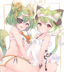  2girls animal_ear_fluff animal_ears ass bad_id bad_pixiv_id bare_arms bare_shoulders bikini cat_ears cat_tail character_request eyepatch fang fork gloves green_hair headband highres holding holding_fork last_period mimosa_(last_period) mul_latum multiple_girls one-piece_swimsuit open_mouth red_eyes short_hair simple_background skin_fang swimsuit tail twitter_username wata_ramune white_background white_bikini white_headband white_one-piece_swimsuit  rating:Sensitive score:13 user:danbooru