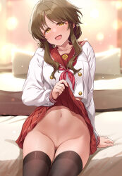  1girl bar_censor black_thighhighs blush brown_eyes brown_hair censored cleft_of_venus clothes_lift feet_out_of_frame flashing groin hair_bun highres idolmaster idolmaster_cinderella_girls lifting_own_clothes long_hair looking_at_viewer mk_(mod0) navel neckerchief no_panties open_mouth pussy red_neckerchief red_sailor_collar red_skirt sailor_collar school_uniform shirt sidelocks sitting skirt skirt_lift smile solo stomach takamori_aiko thighhighs thighs white_shirt  rating:Explicit score:36 user:danbooru