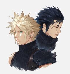  2boys armor black_hair blonde_hair blue_eyes closed_eyes closed_mouth cloud_strife cropped_torso earrings final_fantasy final_fantasy_vii final_fantasy_vii_rebirth final_fantasy_vii_remake grey_background hair_slicked_back hashtag-only_commentary highres jewelry lips male_focus multiple_boys parted_lips portrait ribbed_sweater rinbukyoku short_hair shoulder_armor simple_background single_bare_shoulder sleeveless sleeveless_turtleneck spiked_hair stud_earrings suspenders sweater turtleneck turtleneck_sweater upper_body zack_fair 