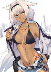  animal_ears aqua_eyes bag belt bikini bikini_under_clothes black_bikini breasts caenis_(fate) cityscape cleavage collarbone cowboy_shot cutoffs dark-skinned_female dark_skin denim denim_shorts fate/grand_order fate_(series) hair_intakes highres holding holding_bag jacket jewelry large_breasts long_hair long_sleeves looking_at_viewer nail_polish navel necklace open_clothes open_fly open_jacket open_shorts parted_lips ring shigure_s shorts silver_hair smile solo stomach sweatband swimsuit tattoo thong white_jacket  rating:Sensitive score:22 user:danbooru