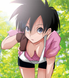 1girl bent_over black_hair blurry blurry_background breasts cleavage cloud downblouse dragon_ball dragonball_z fingerless_gloves gloves hanging_breasts large_breasts leaning_forward looking_at_viewer nanamu no_bra outdoors parted_lips plant purple_eyes short_hair shorts sky solo sweat tomboy videl wiping_face wiping_sweat 