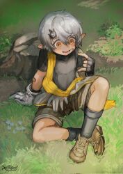  1boy arknights artist_logo bandaid bandaid_on_arm bandaid_on_cheek bandaid_on_face brown_footwear buchi0122 bug chestnut_(arknights) commentary_request fingerless_gloves gloves grey_hair grey_socks highres insect ladybug ladybug_on_finger looking_at_animal male_focus on_grass open_mouth orange_eyes pointy_ears scarf sitting smile socks tree_stump yellow_scarf 