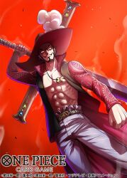  1boy abs bare_pectorals beard black_hair clenched_hand coat commentary_request copyright_name cowboy_shot cross_pendant denim dracule_mihawk facial_hair from_below hat_feather holding holding_sword holding_weapon jeans kuroda_asaki long_coat looking_at_viewer male_focus official_art one_piece open_clothes open_coat pants pebble pectorals red_background short_hair simple_background smoke solo sword weapon yellow_eyes 