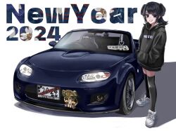  1girl 2024 black_hair black_hoodie black_thighhighs drawstring eunos_roadster flat_chest hands_in_pocket happy_new_year highres hood hood_down hoodie license_plate long_hair looking_at_viewer mazda mazda_mx-5 mazda_mx-5_nc mugi_(marineblue134) new_year original parted_lips shadow shoes smile sneakers solo thighhighs two_side_up vehicle_focus white_background white_footwear 