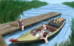  3girls ^_^ bad_link bare_legs bare_shoulders barefoot black_hair blue_eyes blue_hair boat butt_crack closed_eyes clothed_female_nude_female dark_haired_kappa day engine glasses glasses_kappa hater_(hatater) highres kappa_mob_(touhou) kawashiro_nitori legs_together medium_hair multiple_girls nature nude original outdoors partially_submerged pier ponytail sarashi sitting smile soaking_feet speedboat touhou twintails water watercraft 