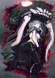  10s 1girl abyssal_ship ass black_gloves bodysuit boots breasts cape gloves high_heels infinote kantai_collection large_breasts looking_at_viewer orange_eyes pale_skin silver_hair solo staff wo-class_aircraft_carrier  rating:Sensitive score:12 user:danbooru