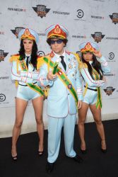  1boy 2girls black_hair bodyguard cosplay dictator highres muammar_gaddafi multiple_girls photo_(medium) tagme uniform 