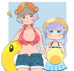  2girls ? alternate_costume animal_ears animal_nose ball bare_shoulders baseball_cap beachball bikini blue_background blue_eyes blunt_bangs blush border breast_envy breasts carrying carrying_under_arm cleavage closed_mouth commentary_request cowboy_shot denim denim_shorts frilled_one-piece_swimsuit frills front-tie_bikini_top front-tie_top grey_eyes grey_hair hair_bobbles hair_ornament hat height_difference highres holding holding_ball holding_swim_ring innertube large_breasts looking_at_another looking_to_the_side mochi_hiyoko mochipro mode_aim multiple_girls navel ohitori_(o_hitori_sama_1) one-piece_swimsuit orange_hat polka_dot polka_dot_background ponpoko_(vtuber) pout puffy_cheeks purple_hair raccoon_ears raccoon_girl red_bikini short_hair shorts side-by-side smile standing stomach sun_hat swim_ring swimsuit twintails virtual_youtuber white_border 