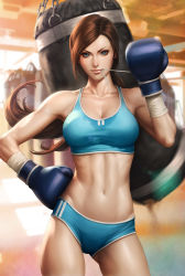 1girl abs blue_eyes boxing_gloves breasts brown_hair cleavage hand_on_own_hip highres large_breasts lips long_hair looking_at_viewer md5_mismatch medium_breasts midriff mouth_hold navel original ponytail punching_bag shirt short_shorts shorts solo sports_bra stanley_lau sweat taut_clothes taut_shirt toned rating:Sensitive score:172 user:danbooru