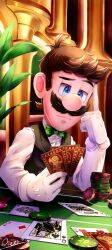  1boy :| aoriao black_suit blue_eyes bow brown_hair card casino casino_card_table closed_mouth commentary english_commentary facial_hair formal gloves green_bow highres holding holding_card luigi mario_(series) mustache new_super_mario_bros. nintendo playing_card poker poker_chip short_hair signature suit super_mario_64_ds table thinking white_gloves 