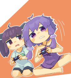  2girls absurdres ahoge alternate_costume bare_legs bare_shoulders barefoot black_shorts blue_shirt blunt_bangs blush_stickers brown_hair casual clenched_teeth controller criss-cross_halter dress dualshock empire_waist frown full_body game_controller gamepad halter_dress halterneck headgear highres holding holding_controller holding_game_controller indian_style konohoshi leaning_to_the_side long_hair looking_at_another medium_hair multiple_girls no_jacket open_mouth outline playing_games playstation_controller purple_dress purple_hair red_eyes ribbed_dress seiza shirt short_dress short_hair_with_long_locks shorts side-by-side sidelocks simple_background sitting sleeveless sleeveless_dress t-shirt teeth touhoku_kiritan twintails v-shaped_eyebrows vocaloid voiceroid white_outline yuzuki_yukari 