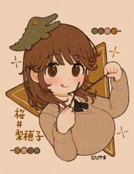  1girl :q amagami animal animal_on_head artist_name black_bow black_bowtie blouse blush bow bowtie breasts brown_eyes brown_hair brown_sweater closed_mouth collared_shirt commentary crocodile crocodilian cropped_torso crosshair dango film_grain food from_side hair_over_shoulder hands_up highres holding holding_stick kibito_high_school_uniform large_breasts licking_lips long_sleeves looking_at_viewer looking_to_the_side medium_hair on_head rabiyamarabi sakurai_rihoko school_uniform shirt signature smile solo sparkling_eyes stick sweater tongue tongue_out triangle upper_body wagashi white_background white_shirt 