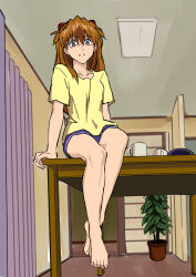  1girl bare_legs barefoot blue_eyes breasts brown_hair full_body highres kitchen legs_together looking_at_viewer neon_genesis_evangelion shaded_face shirt shorts sitting sitting_on_table souryuu_asuka_langley the_end_of_evangelion tsundere yellow_shirt yippeekiy 