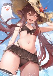  1girl absurdres alternate_costume bikini blush boo_tao_(genshin_impact) breasts brown_hair commentary flower flower-shaped_pupils frilled_skirt frills genshin_impact ghost hair_between_eyes hat highres hu_tao_(genshin_impact) long_hair looking_at_viewer navel red_eyes skirt small_breasts smile solo stomach swimsuit symbol-shaped_pupils thighs twintails yutoriko_(candy0905) 