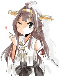  1girl ahoge blowing_kiss brown_eyes brown_hair detached_sleeves hair_bun headgear heart japanese_clothes kantai_collection kongou_(kancolle) long_hair looking_at_viewer nontraditional_miko one_eye_closed panzuban ribbon-trimmed_sleeves ribbon_trim sidelocks simple_background solo twitter_username wide_sleeves 