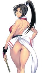 1girl ass back backless_outfit bare_back black_eyes black_hair breasts bridal_gauntlets brown_hair fatal_fury female_focus folded_fan folding_fan from_behind frown hair_ribbon hand_fan hand_on_own_hip high_ponytail hip_focus holding holding_fan homare_(fool&#039;s_art) japanese_clothes kneepits large_breasts legs long_hair looking_away looking_back matching_hair/eyes ninja panties ponytail red_panties ribbon sash shiranui_mai sideboob simple_background snk solo standing the_king_of_fighters thigh_gap thighs thong underwear rating:Questionable score:251 user:danbooru